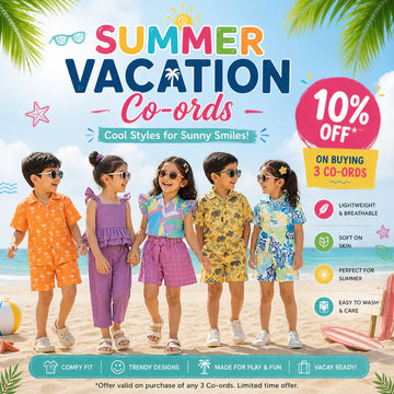 kids vacation wear India, summer co-ord sets for kids, beach outfit for toddlers, kids holiday outfits, boys and girls summer set India