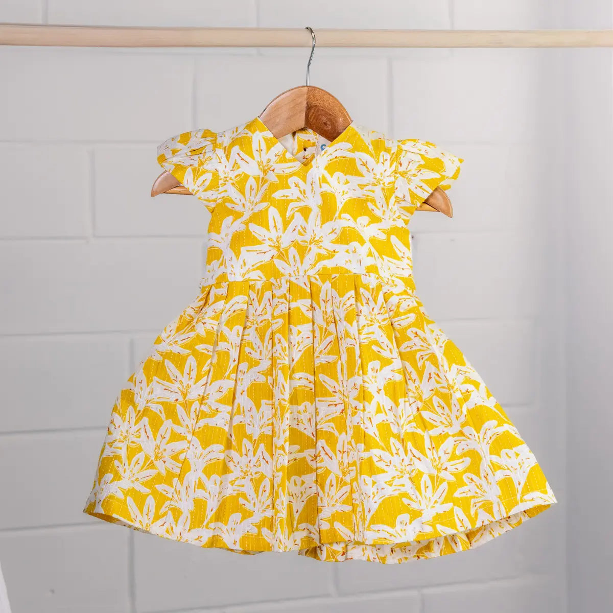 Yellow with white floral prints - V Neck Frock