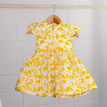 Yellow with white floral prints - V Neck Frock