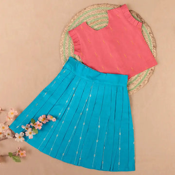 Vibrant Pink & Turquoise Ethnic Top & Skirt Set