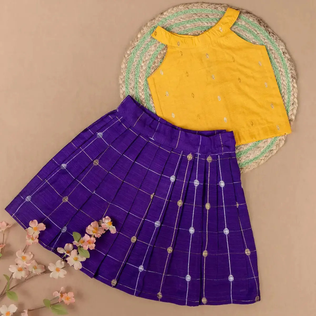 Sunny Yellow & Royal Purple Ethnic Top & Skirt Set
