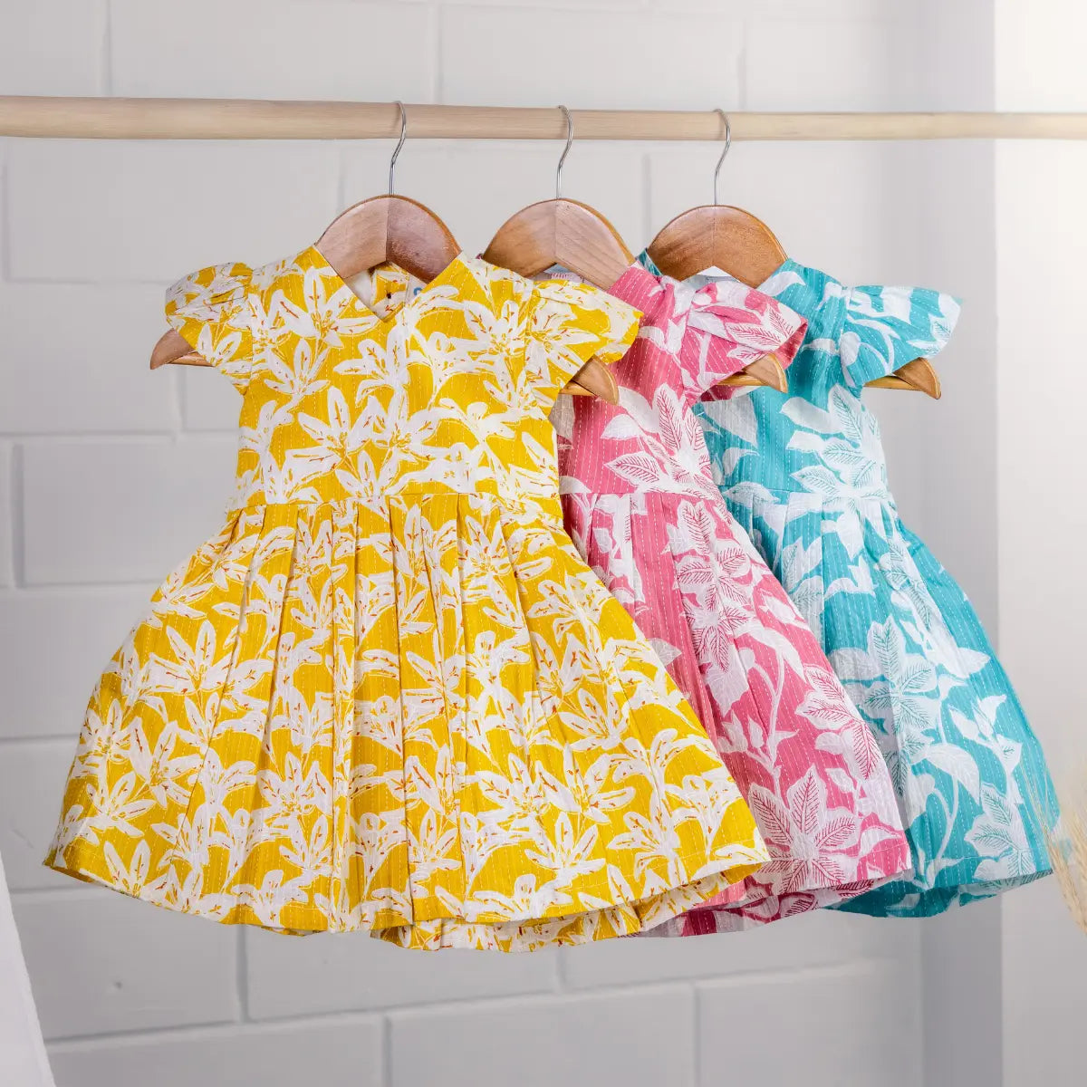 Yellow with white floral prints - V Neck Frock