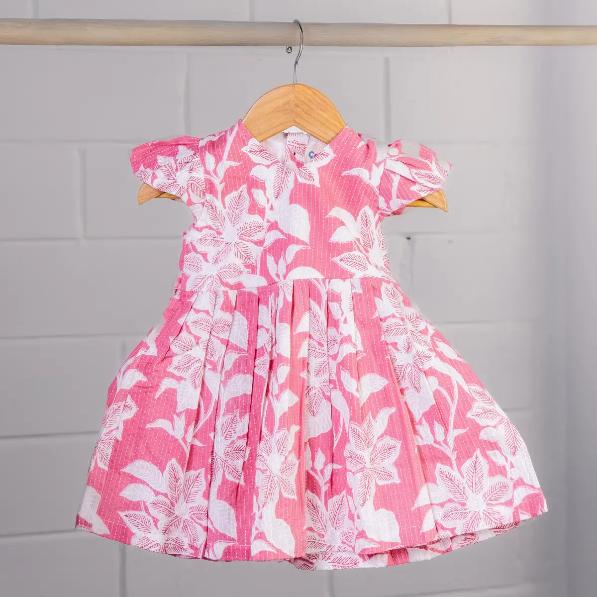 Pink with white floral prints - V Neck Frock