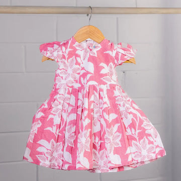 Pink with white floral prints - V Neck Frock