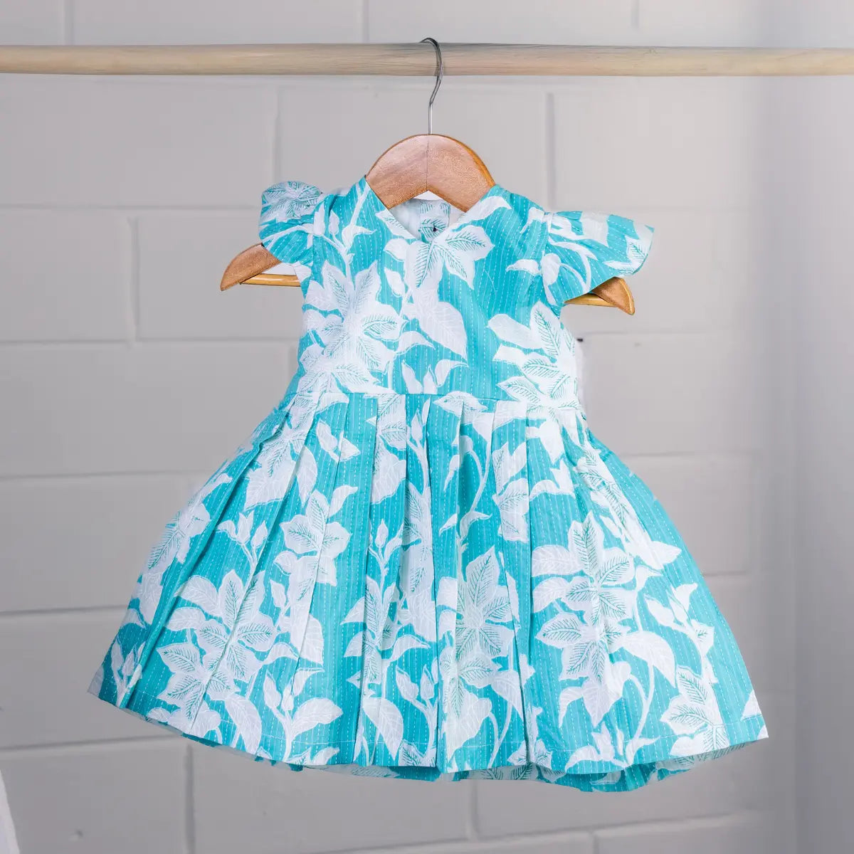 Blue with white floral prints - V Neck Frock