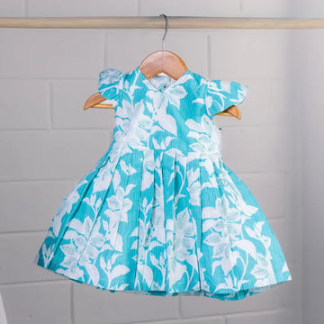 Blue with white floral prints - V Neck Frock