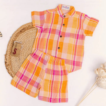 Vibrant Coral and Pink  Checked - Half Sleeve Set