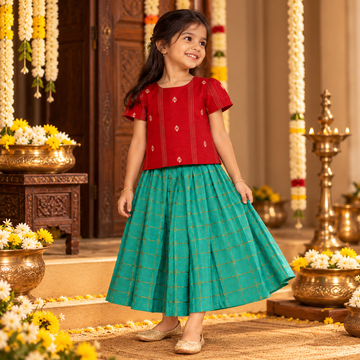 Festive Red Top & Teal Skirt Set