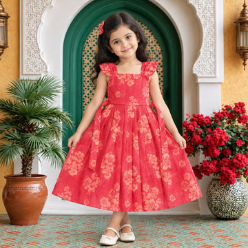 🌺 Coral Pink Floral Organza Frock