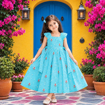🩵 Aqua Blue Floral Kota Frock