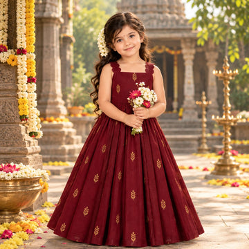 ❤️ Maroon Raw Silk Ethnic Frock with Scalloped Straps