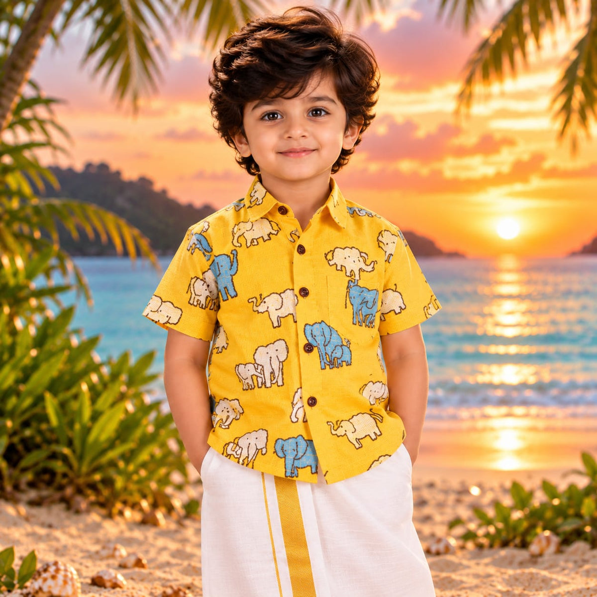 🐘 Mustard Yellow Elephant Print Shirt & White Dhoti Set