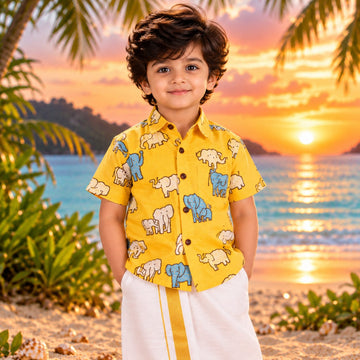 🐘 Mustard Yellow Elephant Print Shirt & White Dhoti Set