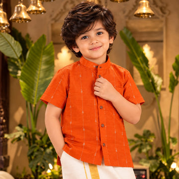 🧡 Orange Printed Shirt & White Dhoti Set