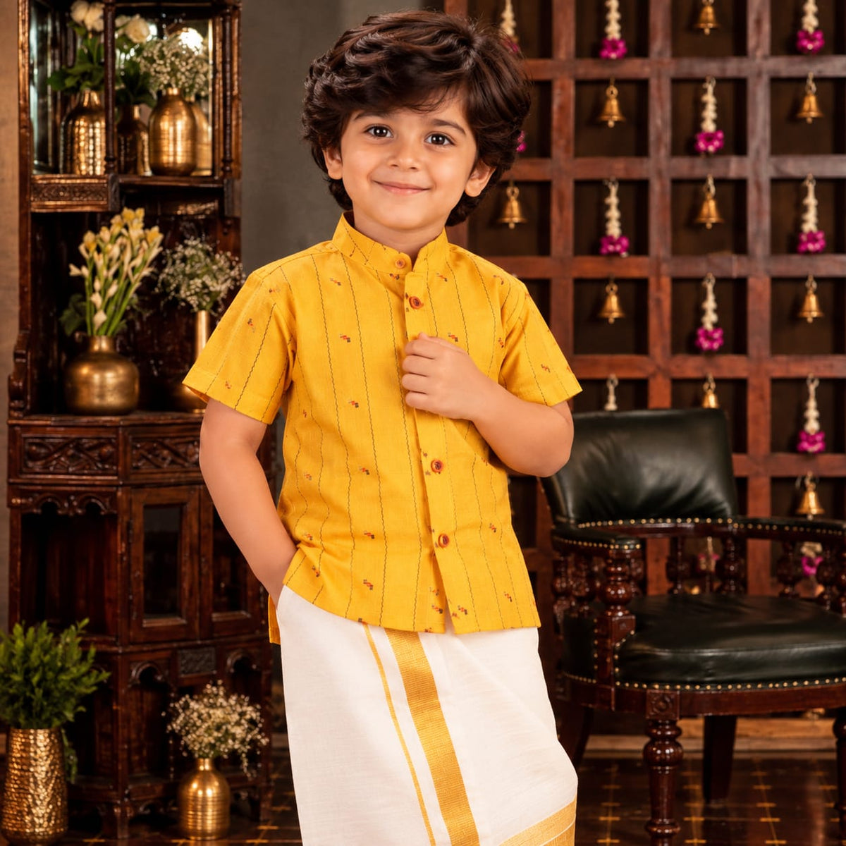 💛 Mustard Yellow Printed Shirt & White Dhoti Set