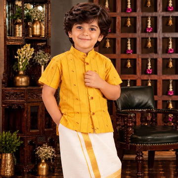 💛 Mustard Yellow Printed Shirt & White Dhoti Set