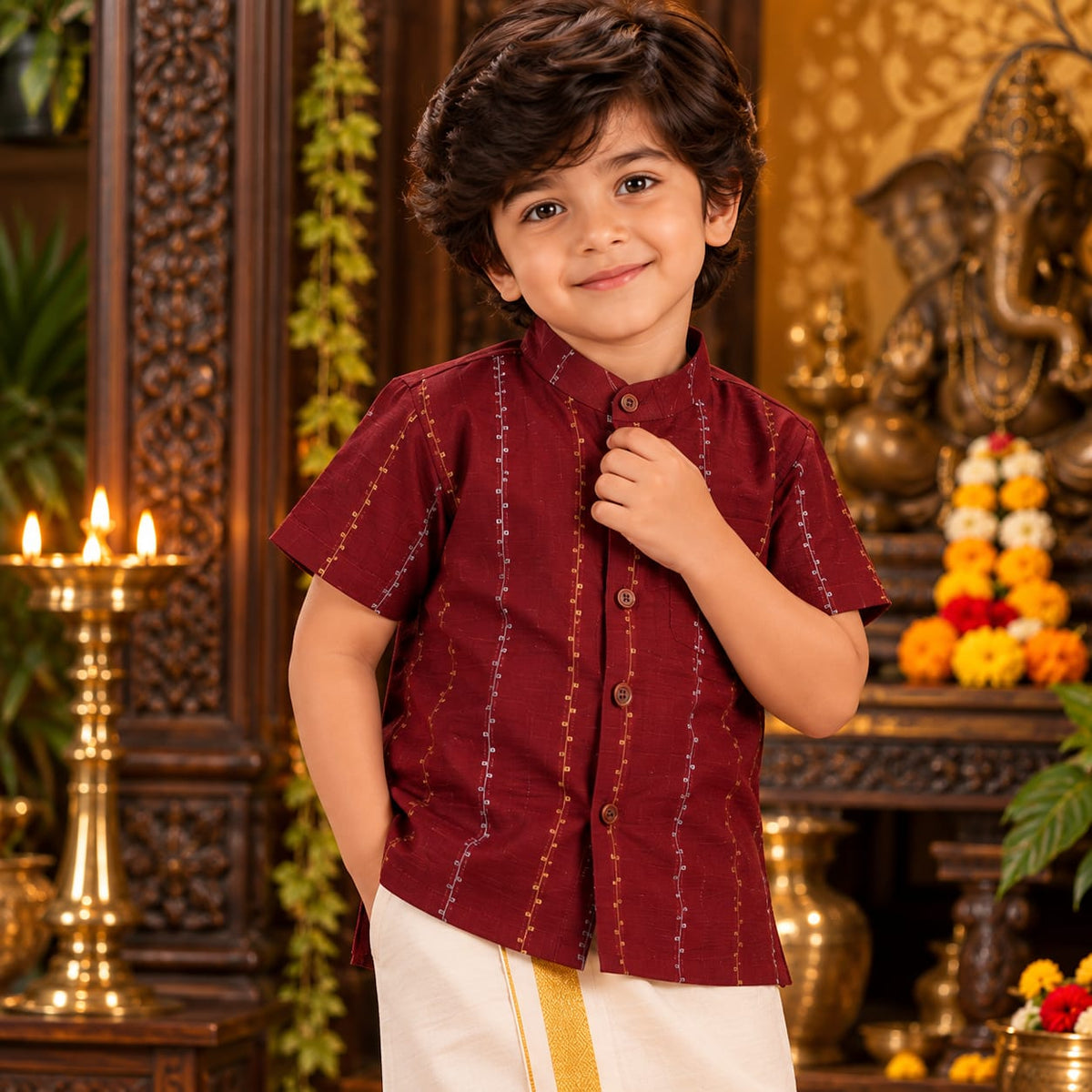 ❤️ Maroon Shirt & White Dhoti Set