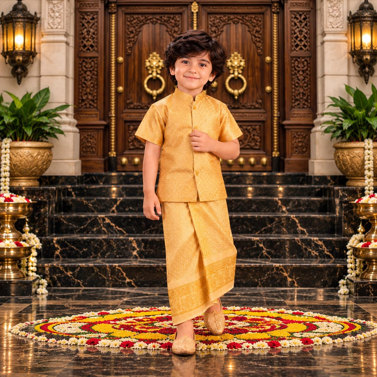 ✨ Premium Golden Art Silk Shirt & Dhoti Set
