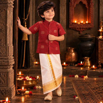 ❤️ Maroon Gold Motif Shirt & White Dhoti Set