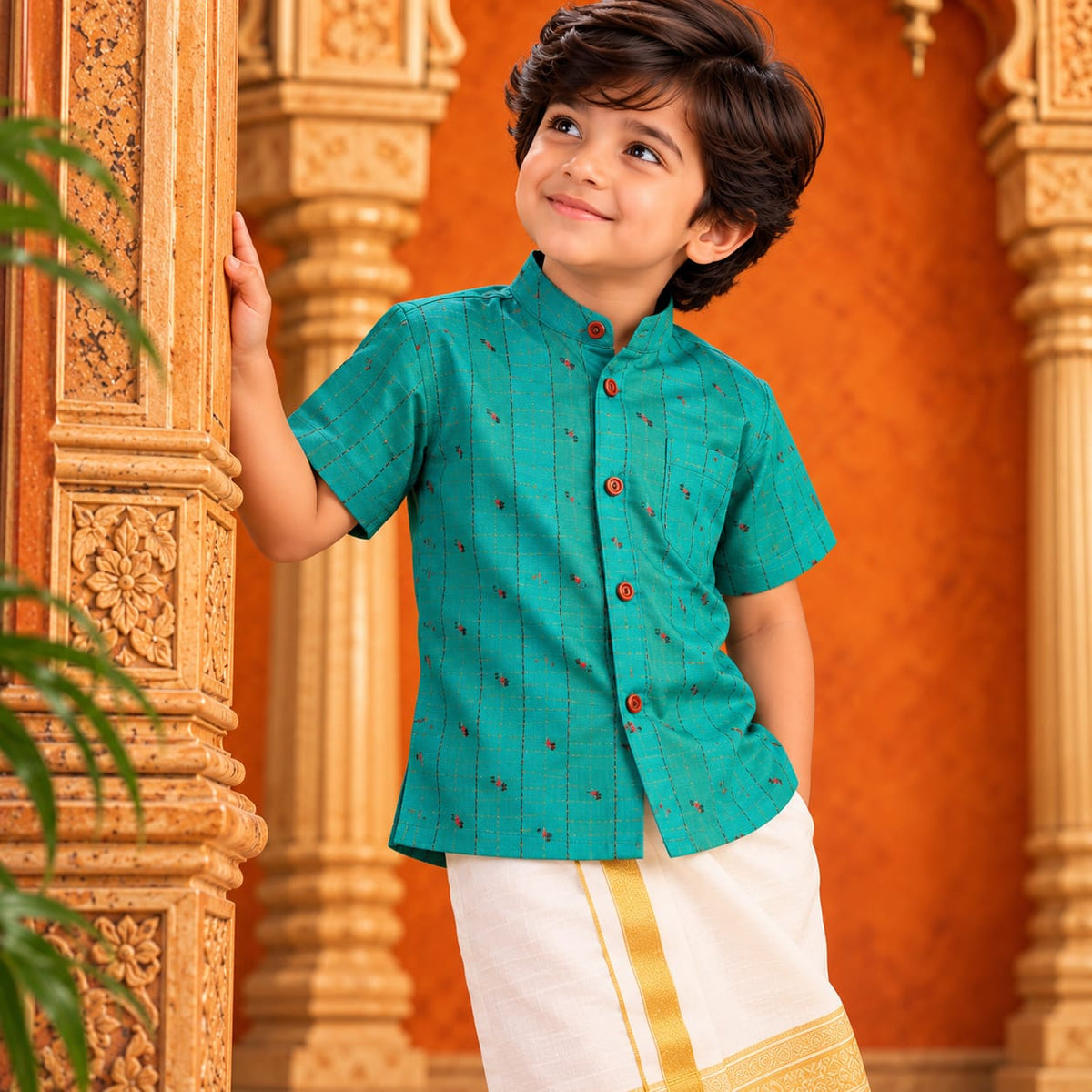 💚 Teal Green Printed Shirt & White Dhoti Set