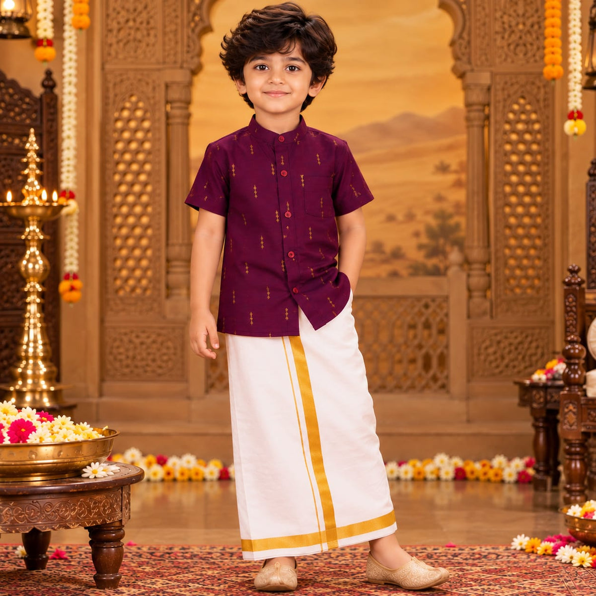 💜 Plum Purple Printed Shirt & White Dhoti Set