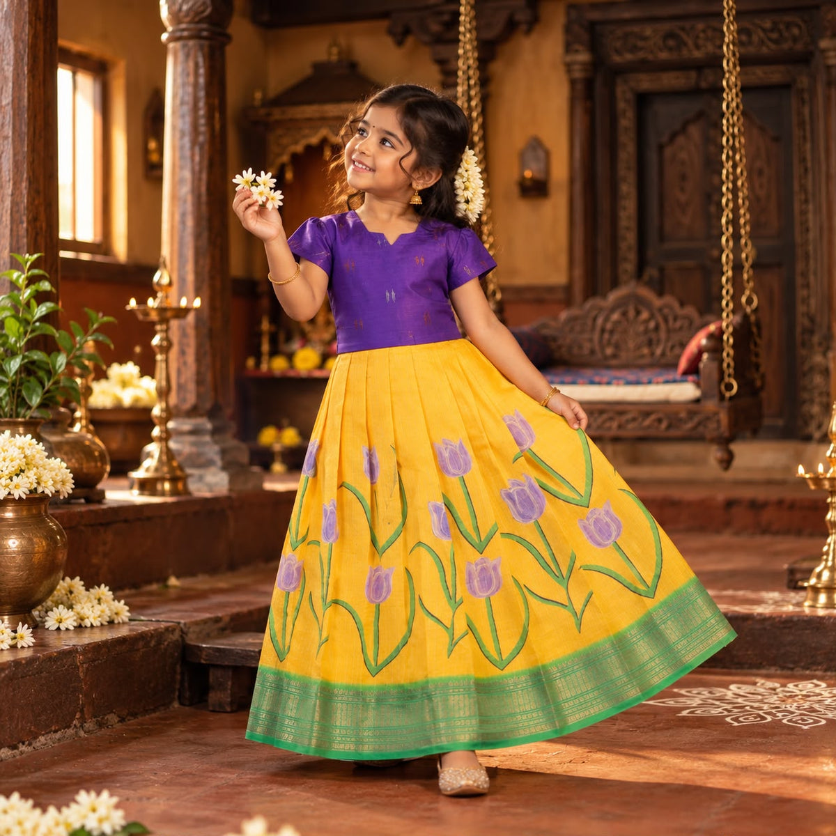 🌷 Royal Purple Raw Silk Top & Mustard Floral Print Skirt Set