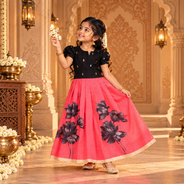🌺 Black Raw Silk Top & Pink Floral Print Skirt Set