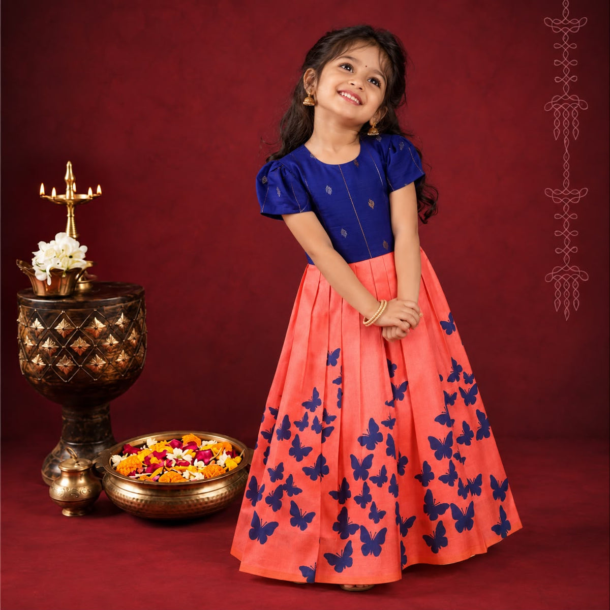 🦋 Royal Blue Raw Silk Top & Coral Butterfly Print Skirt Set