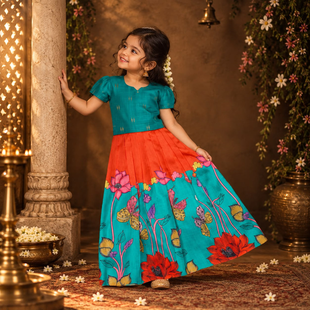 🌸 Teal Raw Silk Top & Floral Butterfly Print Skirt Set