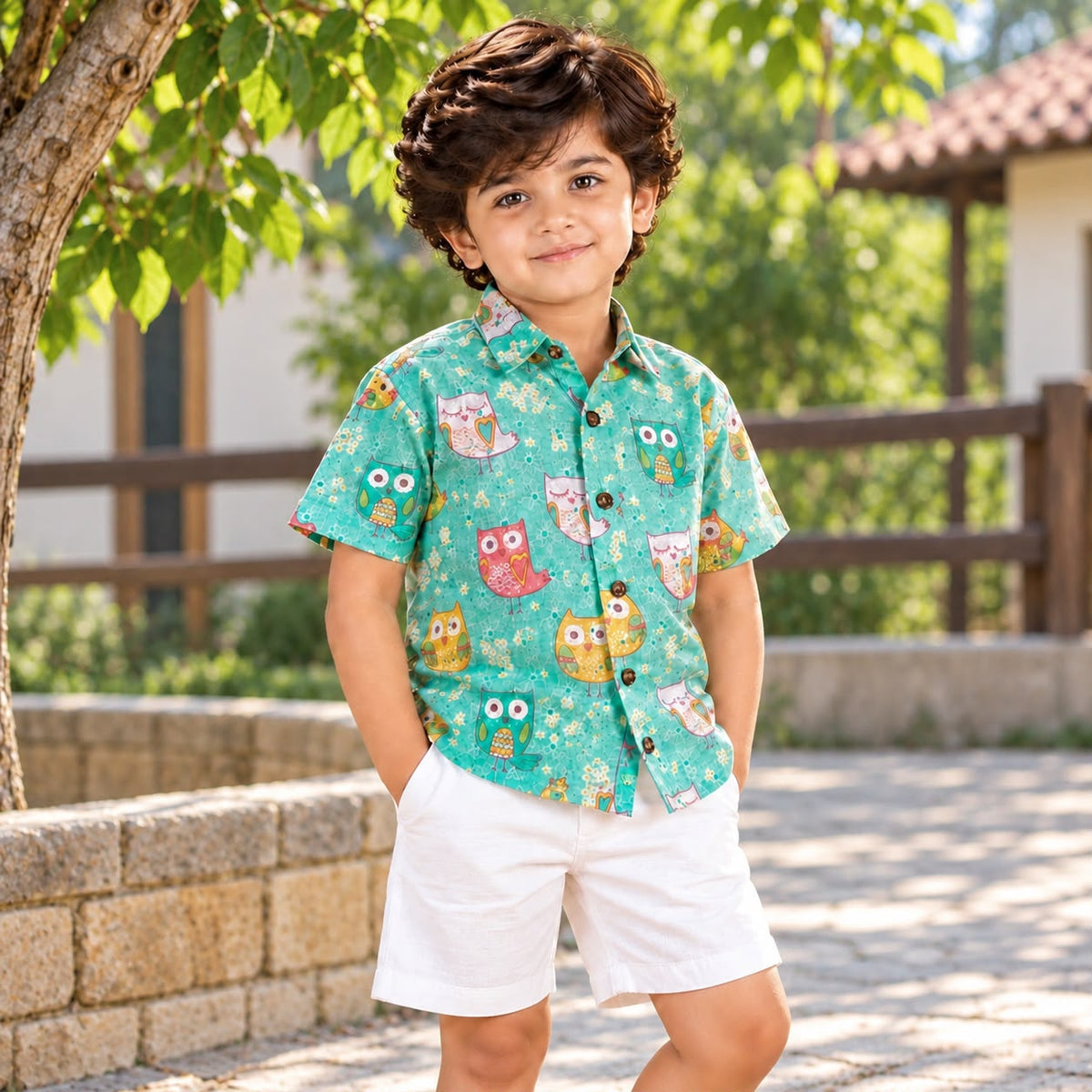 Aqua Owl Print Kids Hakoba Shirt