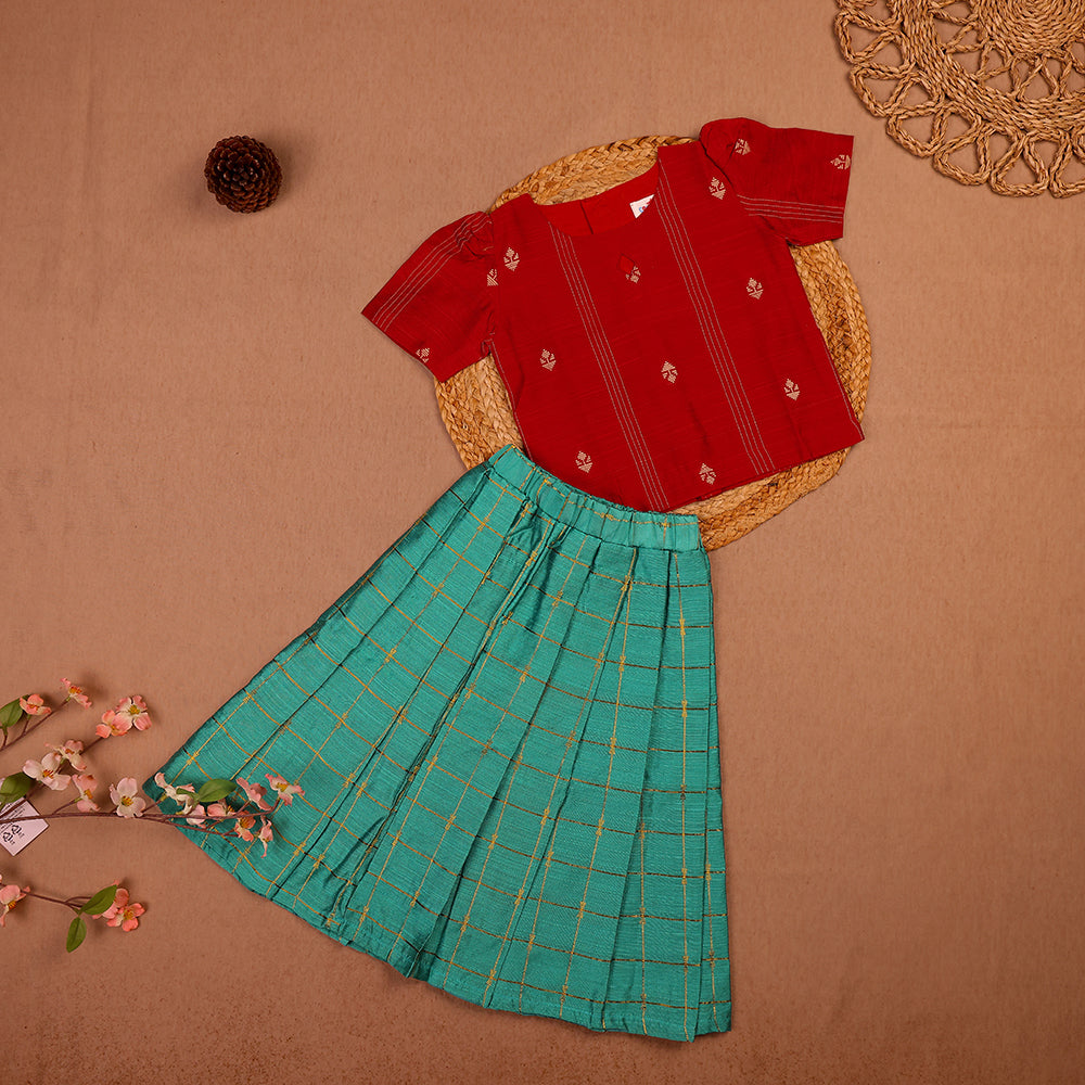 Festive Red Top & Teal Skirt Set