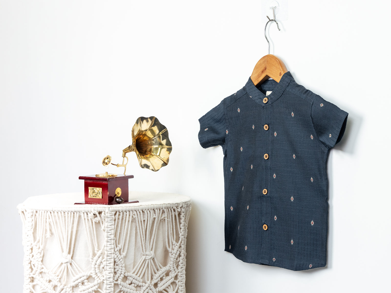 Teal Blue Raw Silk Shirt with Golden Buti Print