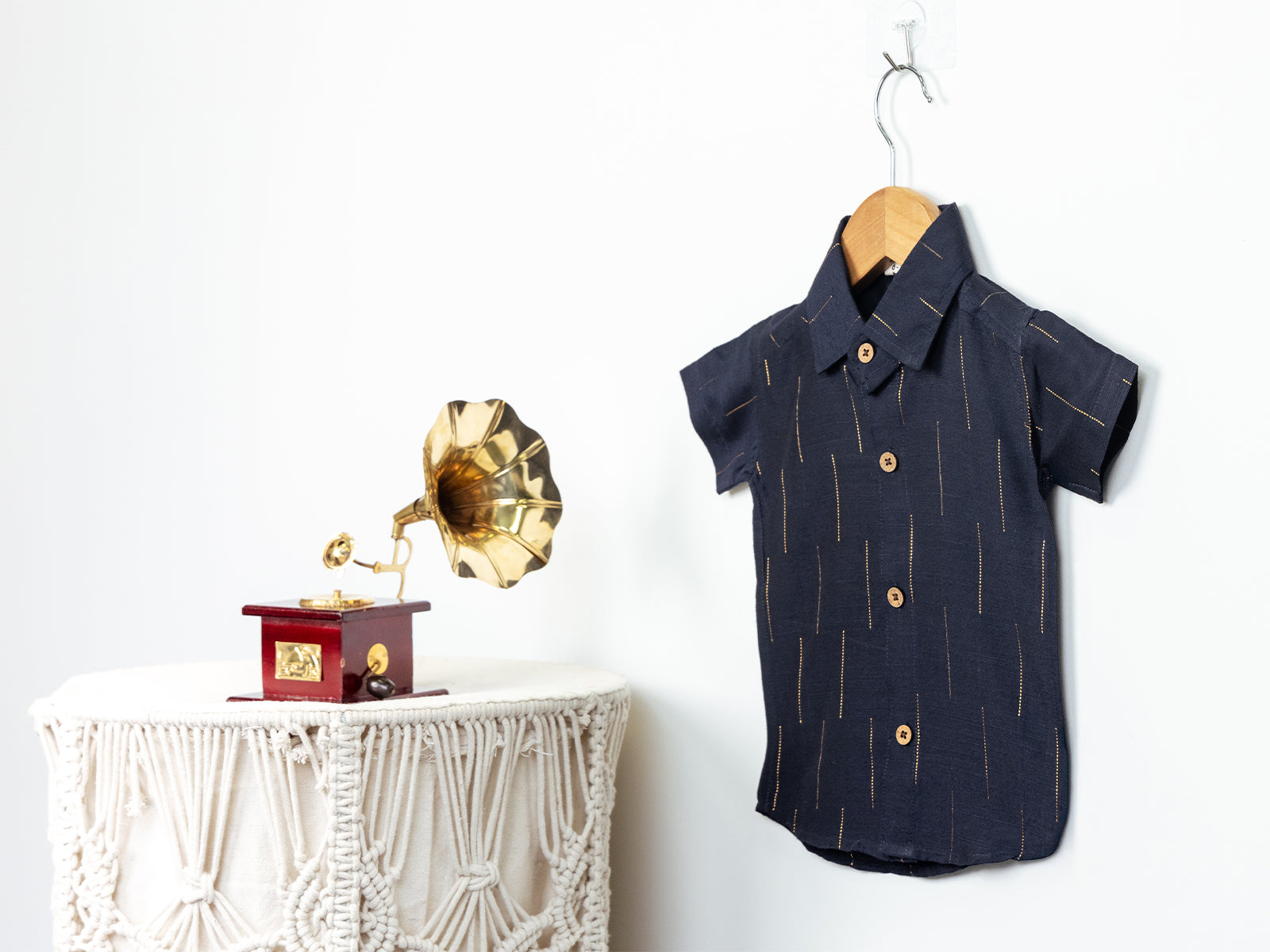 Navy Blue Raw Silk Shirt with Golden Stripes
