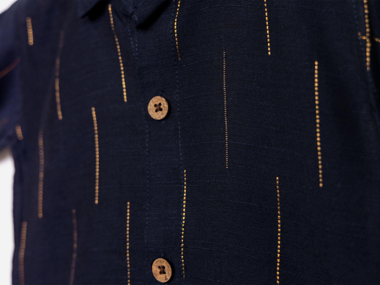 Navy Blue Raw Silk Shirt with Golden Stripes