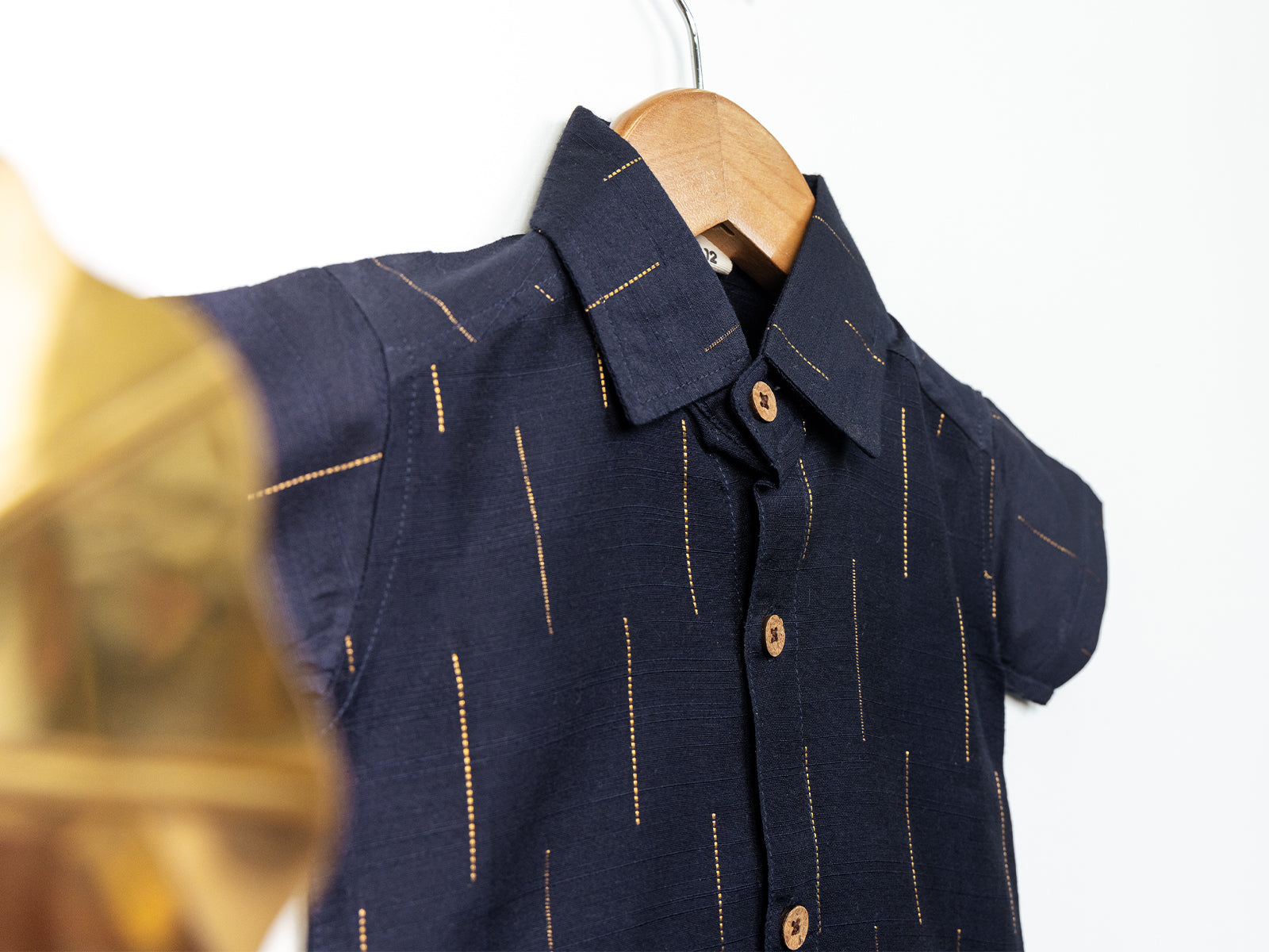 Navy Blue Raw Silk Shirt with Golden Stripes