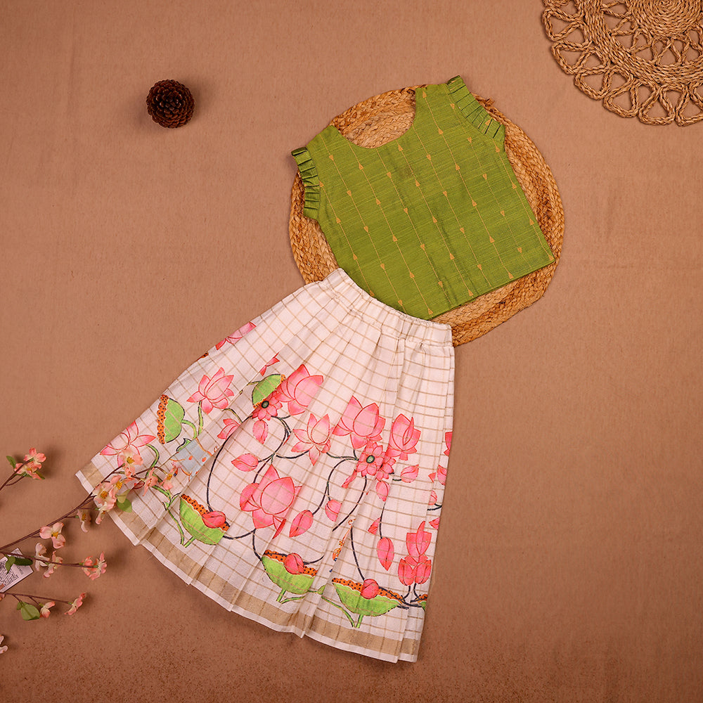 🌸 Olive Green Top & Floral Raw Silk Skirt Set
