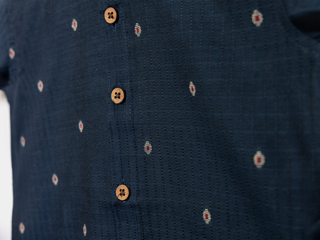 Teal Blue Raw Silk Shirt with Golden Buti Print