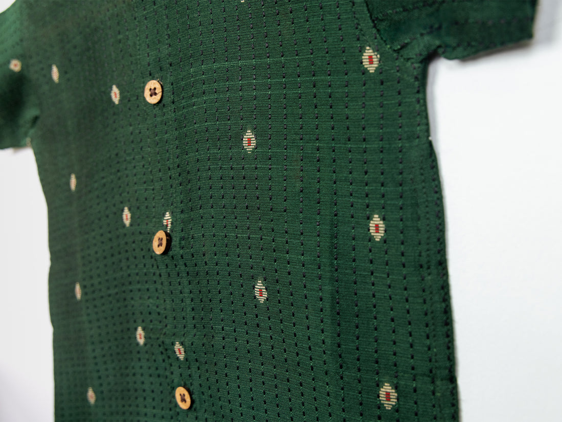 Bottle Green Raw Silk Shirt with Golden Buti