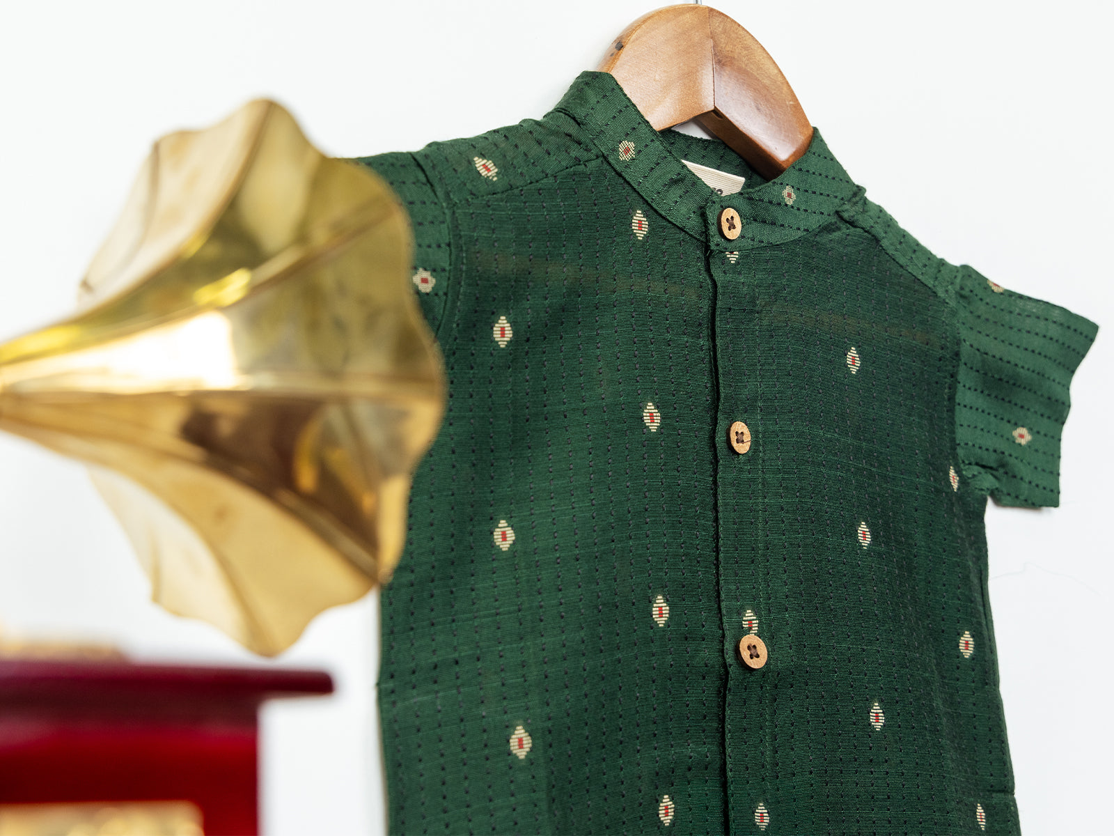 Bottle Green Raw Silk Shirt with Golden Buti