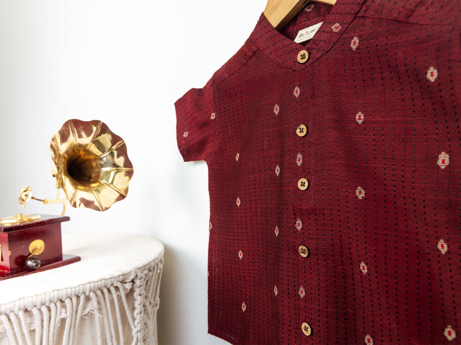 Maroon Raw Silk Shirt with Golden Buti