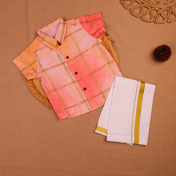 Peach Pink Shirt & White Dhoti Set