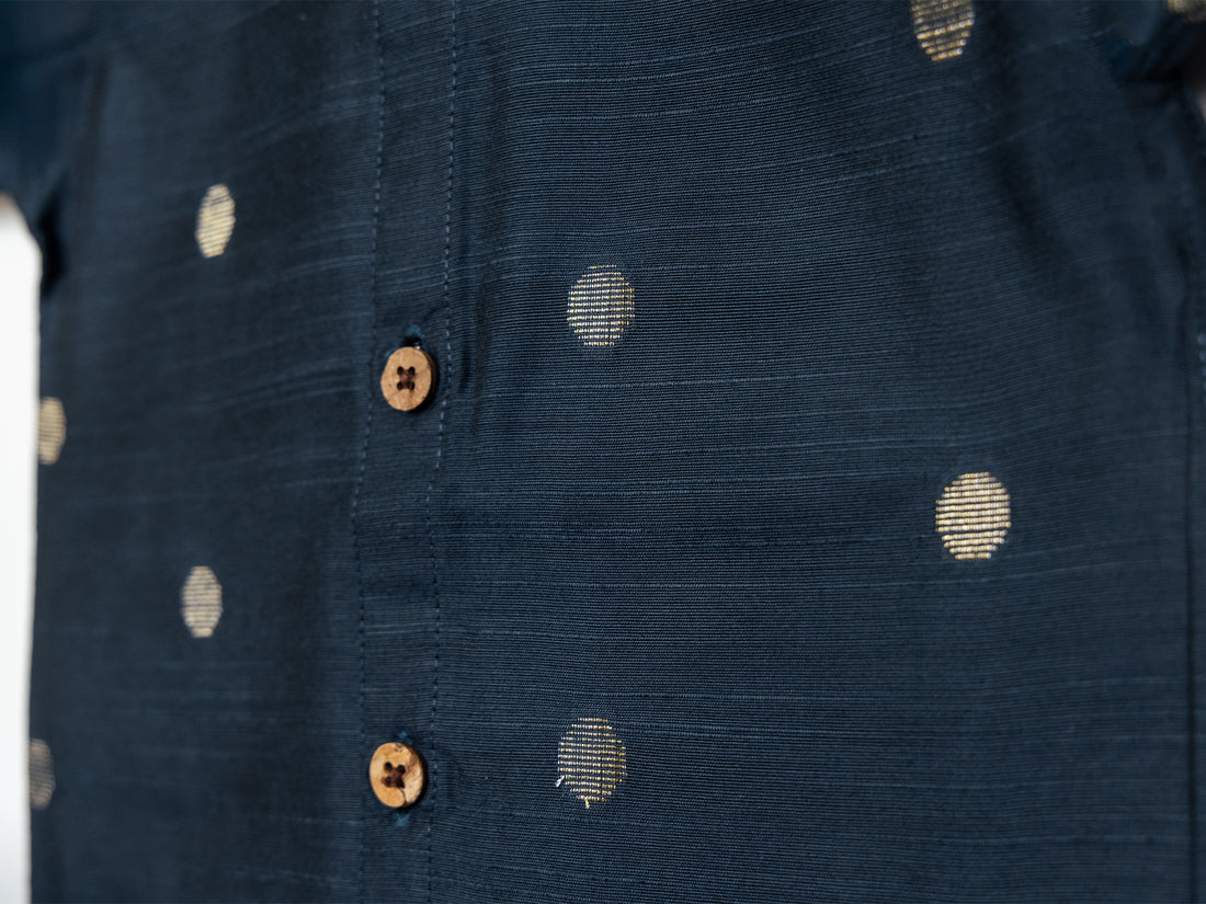 Navy Blue Raw Silk Shirt with Silver Polka Dots