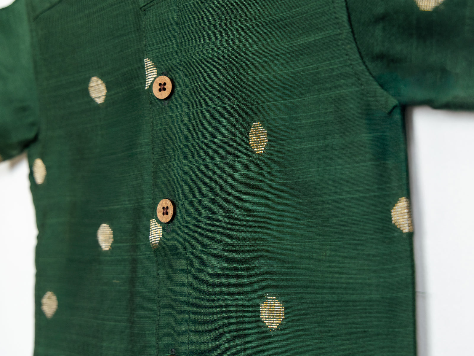 Forest Green Raw Silk Shirt with Golden Polka Dots