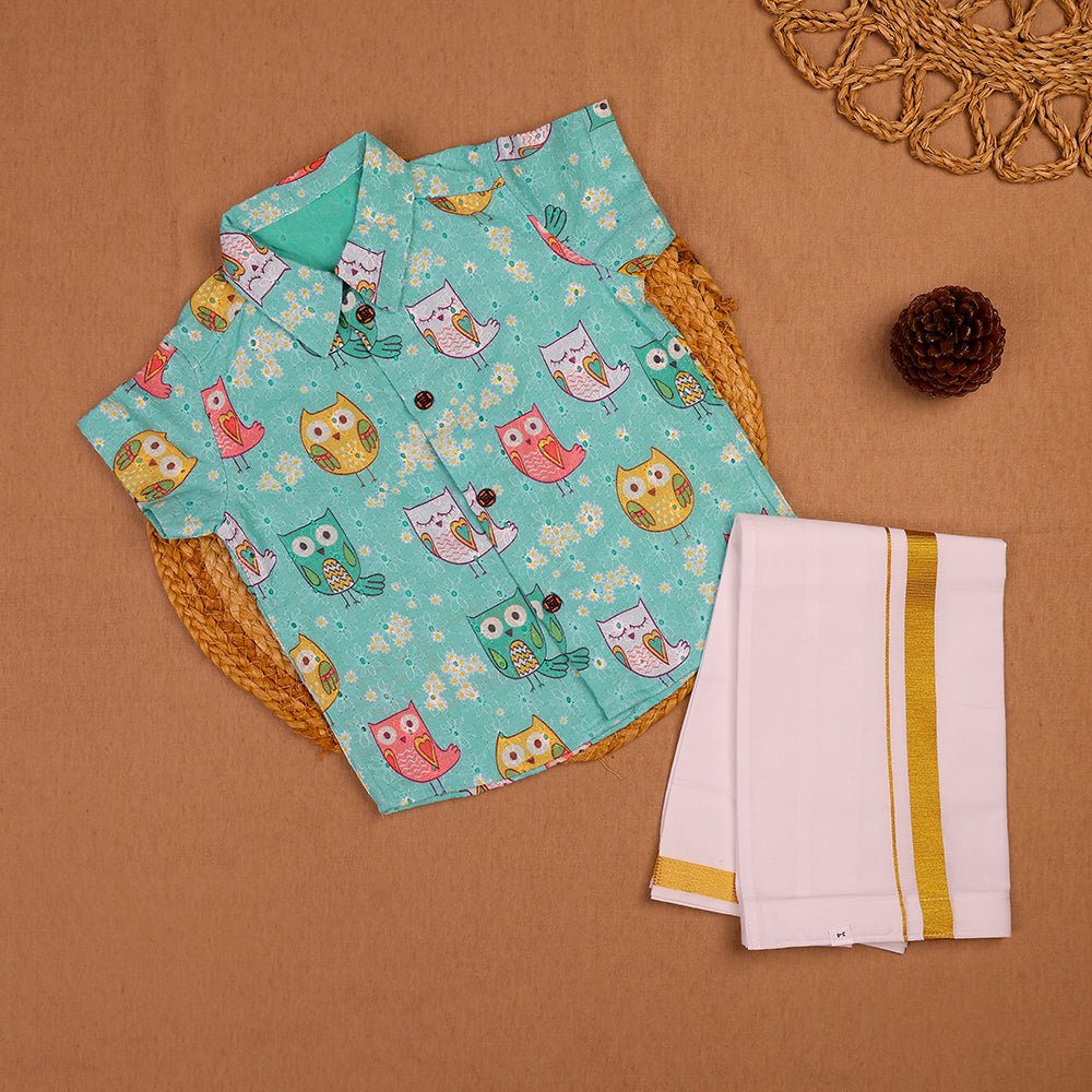Aqua Owl Print Kids Hakoba Shirt