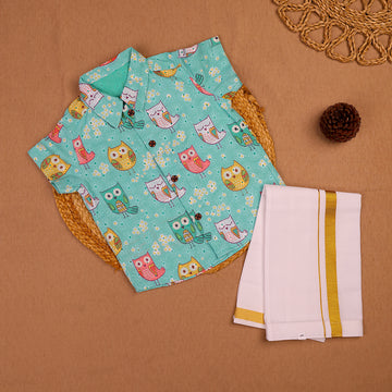 Aqua Owl Print Kids Hakoba Shirt