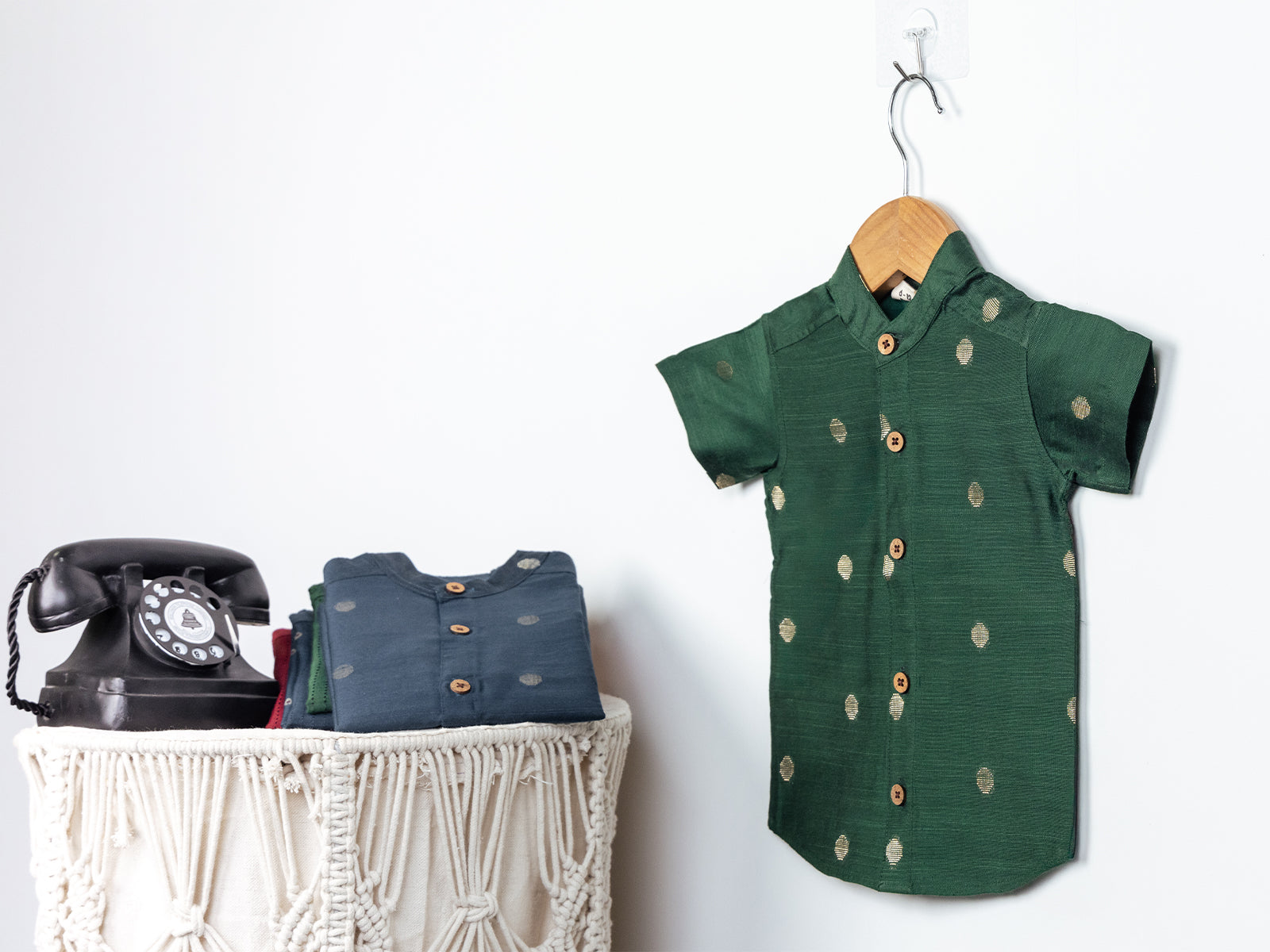 Forest Green Raw Silk Shirt with Golden Polka Dots