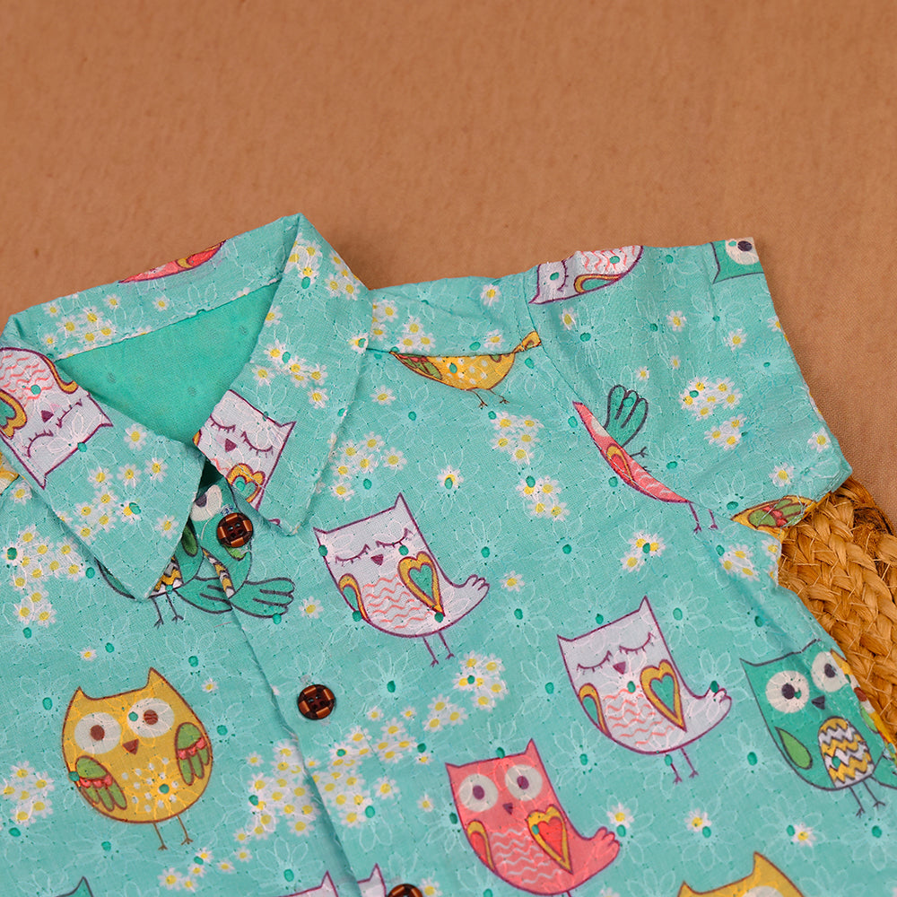Aqua Owl Print Kids Hakoba Shirt