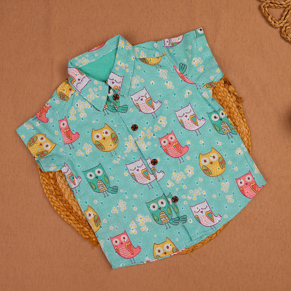 Aqua Owl Print Kids Hakoba Shirt