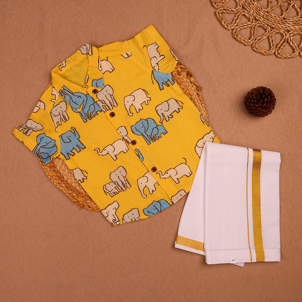 🐘 Mustard Yellow Elephant Print Shirt & White Dhoti Set