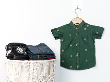 Forest Green Raw Silk Shirt with Golden Polka Dots